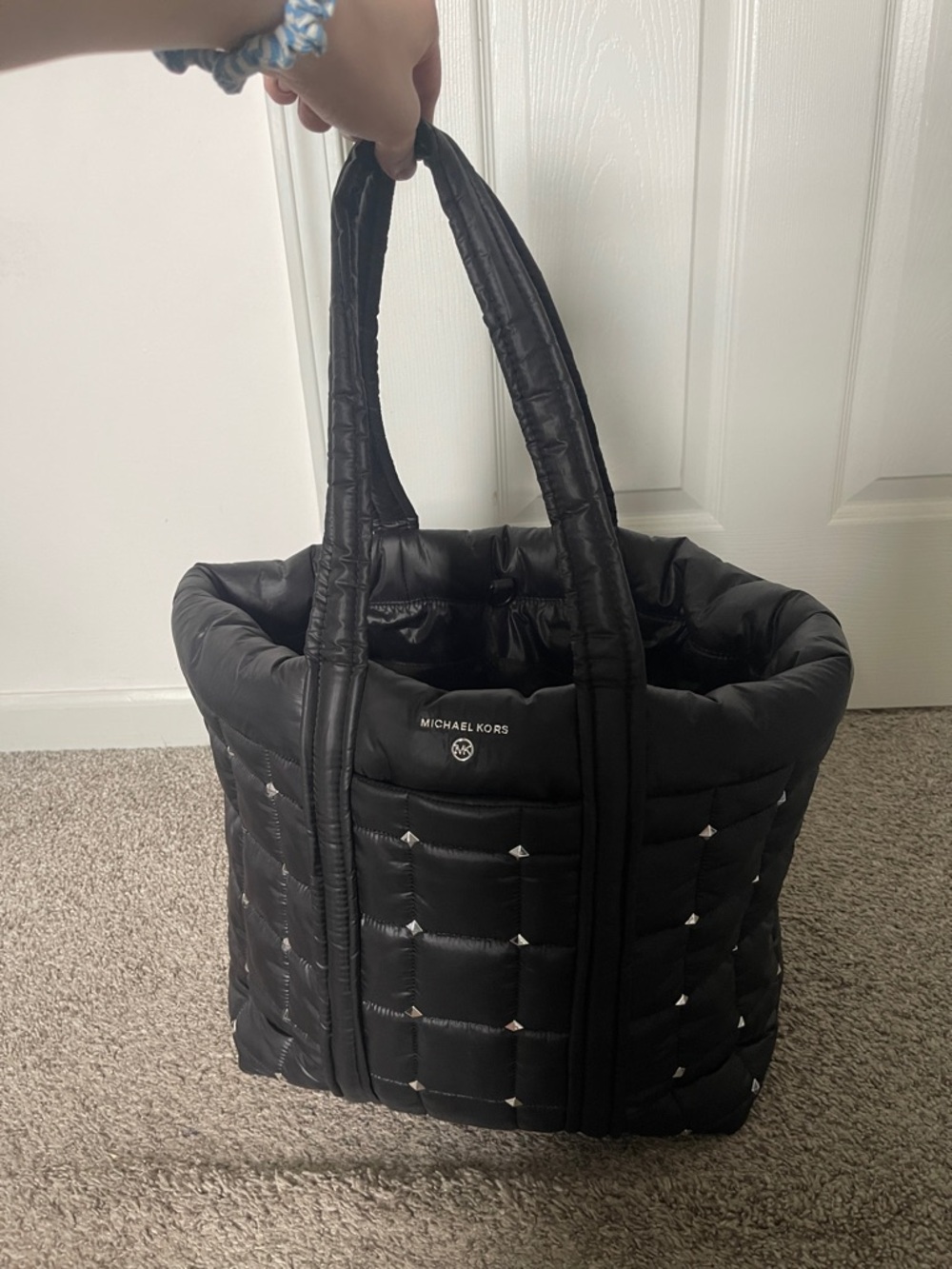 Michael Kors Black Quilted Puffer Tote with Silver Studs - Picture 2 of 7